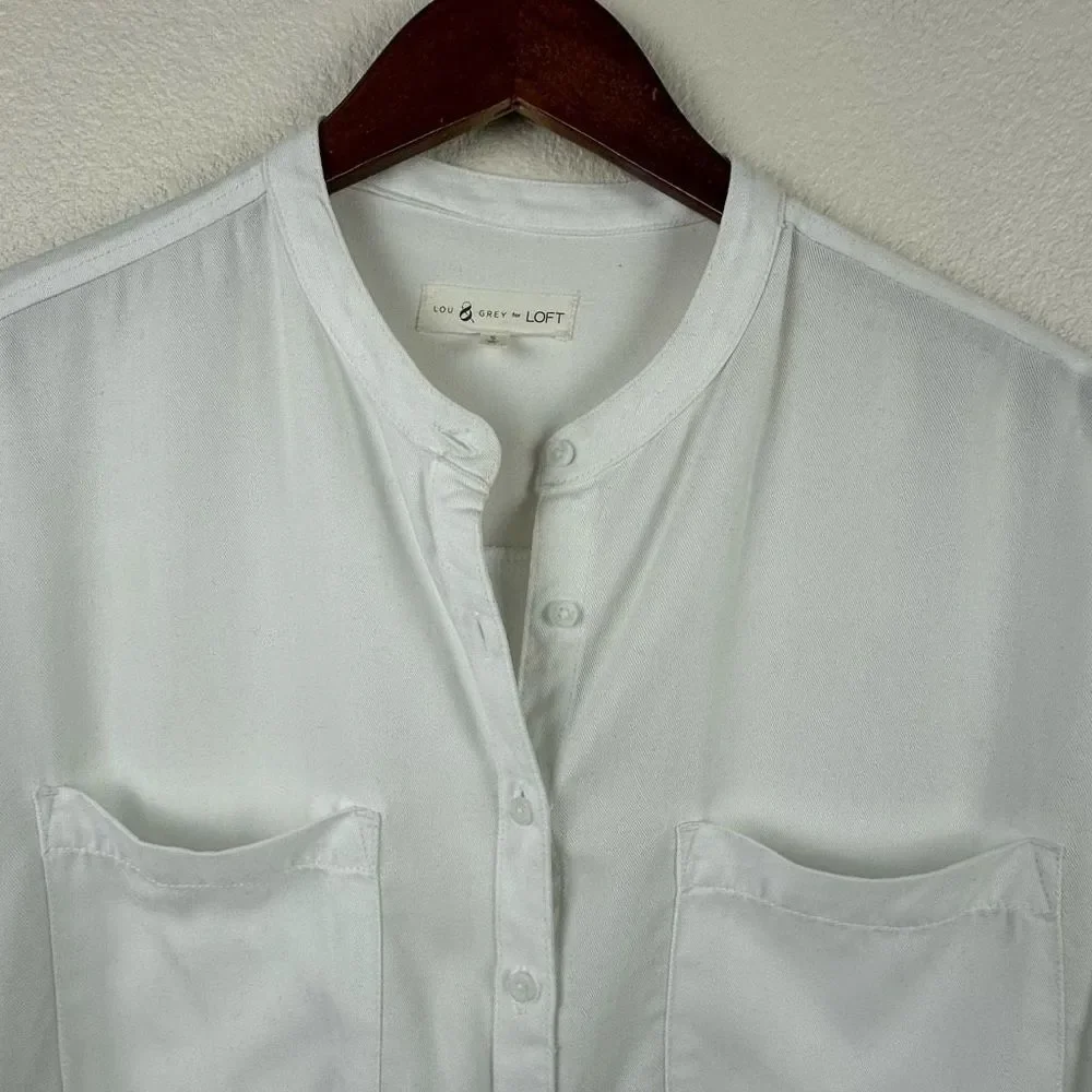 Lou & Grey Women's Size S Button Front Casual Blouse White Double Pockets Lyocel